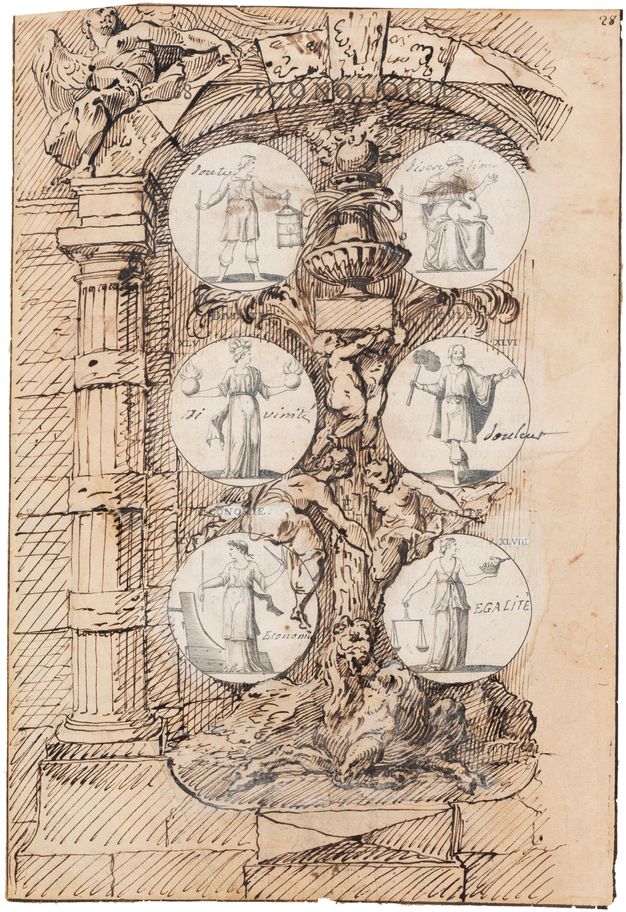 Line drawing of a portal framing an ornamental fountain from which human figures hang. There is an animal lying down at the base. Around the fountain, there are medallions featuring human representations of doubt, discretion, divinity, pain, economy and equality.