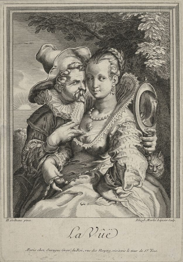 Engraving that illustrates the sense of sight. A man is shown embracing a woman for whom he holds a mirror up so that she can see her reflection. Under the scene, a title reads in French quote la vue end quote.