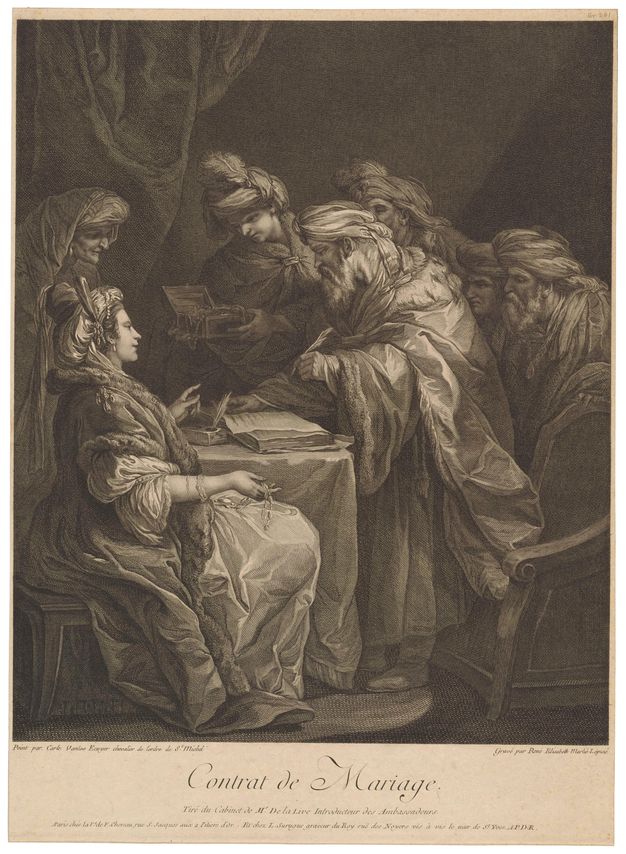 Engraving that illustrates a lavishly attired woman sitting in front of a table, on top of which lies a book open. A similarly richly dressed man stands before her, leaning toward the book with a quill in his left hand. A group of five individuals surround them. One of them is shown presenting a small chest filled with jewelry. Under the scene, a title reads in French quote contrat de mariage end quote.