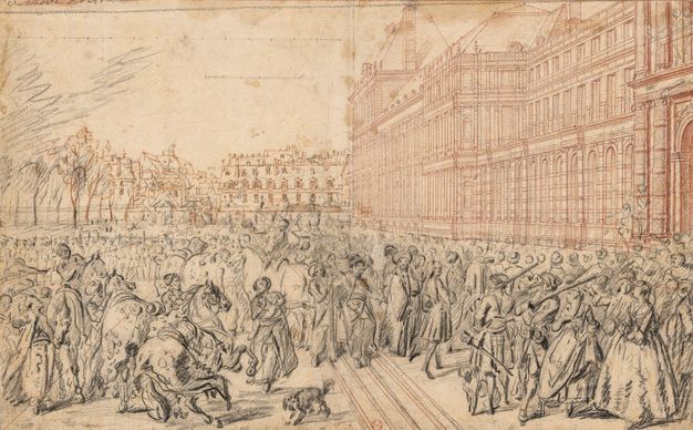Preparatory drawing featuring in red chalk the architectural setting in which the scene takes place and in black chalk the human and animal figures that fill the space.