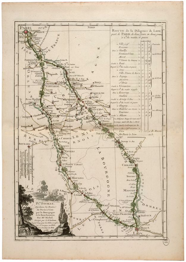 Map featuring two possible routes from Paris to Lyon. An insert on the right upper corner indicates the itinerary for the fastest route of the two options presented. Information about the title and author of the map is included in a cartouche on the bottom left corner, framed by forestry motifs.