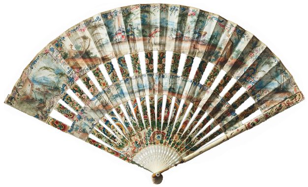 Fan featuring two concentric paper leaves and carved ivory guards. The fan leaves, gorge, and guard sticks are all decorated with countryside scenes including cabriolets.