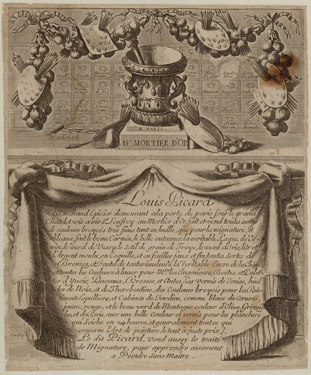 Trade card depicting a shop counter in front of an apothecary cabinet with labeled drawers. An elaborate ornamental mortar with the name of the store written on its pedestal is shown sitting on top the counter. A garland of palettes and brushes hangs above it. Underneath, a text presented on a drapery discusses the work of the shop owner, Louis Picard.