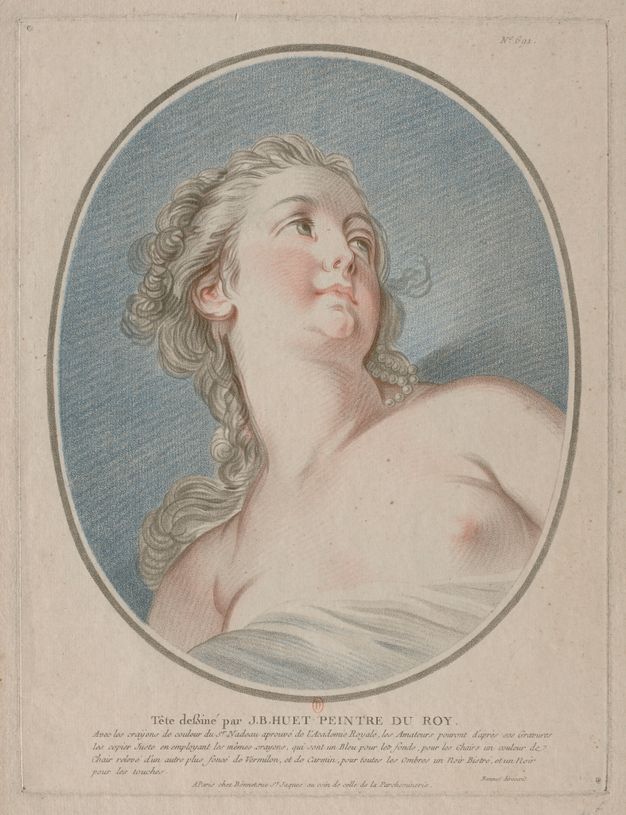 Portrait of a woman from below. Her head appears tilted upwards and looking away from the viewer. She wears pearls in her hair and uses a white sheet to cover her body partially. Color has been applied to the image with crayon-manner etching that results in apparent lines. The text below the image provides information regarding the author of the illustration and the materials used.