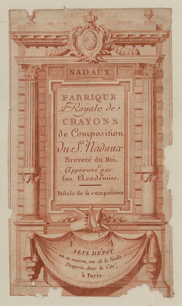 Title page of a pamphlet advertising crayons. The illustration depicts an architectural frontispiece atop a pedestal framed by Corinthian-style columns. Text in French appears in between the frontispiece columns.