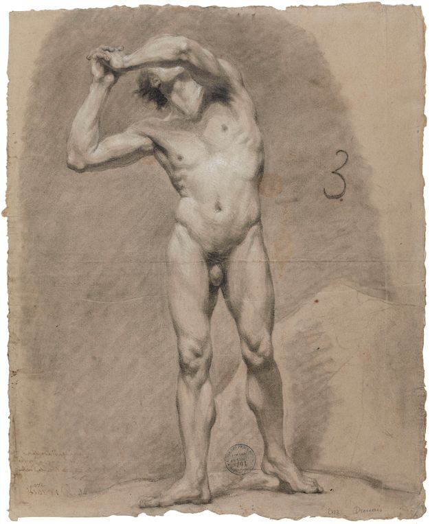Naturalistic drawing of a nude man standing. The weight of the man rests on his right leg, while the left one stands slightly behind him. He looks up and to the left, and holds his hands above his head, covering his face partially with his left forearm.