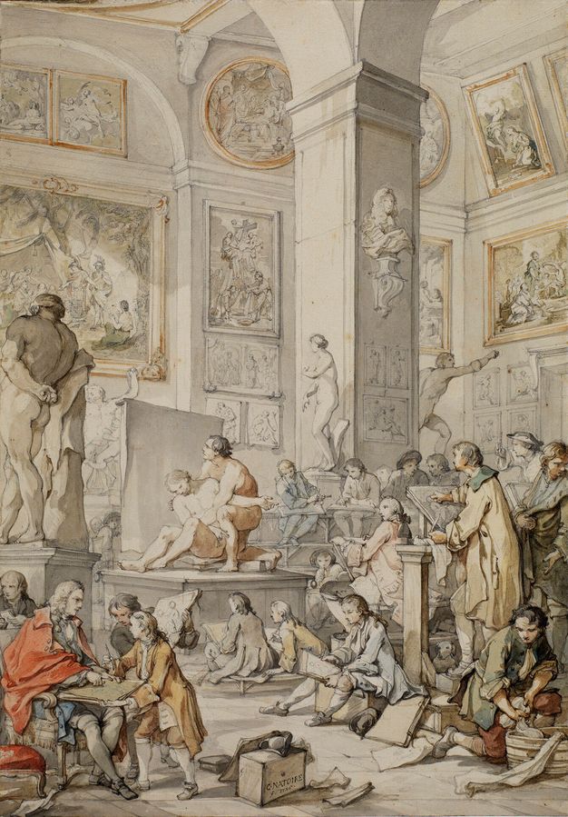 Illustration of a busy scene inside a life drawing class. Two individuals pose nude in the center of the room, standing atop a platform, and numerous students surround them in a semicircular arrangement. The walls of the room are covered with paintings, and several neoclassical nude sculptures stand in between the crowd.
