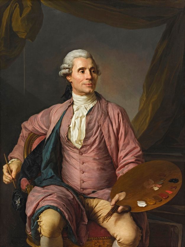 Portrait of a man shown sitting on a red velvet armchair. He wears a white shirt with ruffles down the front, a matching pink coat and waistcoat, cream-colored knee-length breeches, and white stockings. He holds a brush in his right hand and a color palette in his left.