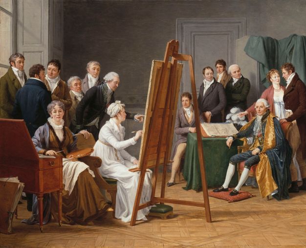 Painting of a room where a man's portrait is being painted. The painter sits behind a large canvas while looking towards her subject. Another woman sits beside the painter, holding a color palette with her left hand and a brush in her right. Six individuals stand behind them. One of them leans toward the canvas with his hand forward pointing to the painting.  The subject of the portrait sits on a red velvet armchair to the right of the image. Two people stand behind him, and four more appear beside him.