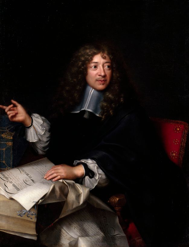 Portrait of a man on a red armchair. His left hand rests on a set of bound folios. A document box with metal ornamentation is to his right, shown under his lifted right arm.