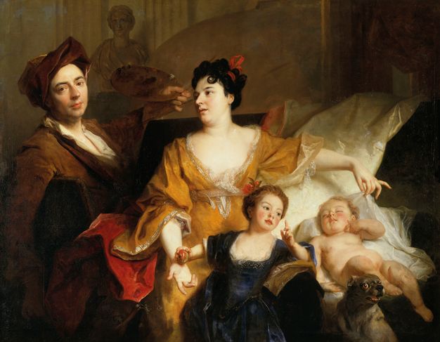 Portrait depicting a man, a woman, and two children. The man stands to the left of the painting holding a color palette with his left hand. The woman is shown to his left, wrapping the two young children with her arms. A small, grey dog is partly shown at the bottom right corner.