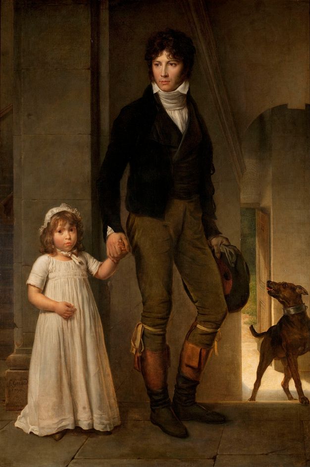 Portrait of a man and a girl shown standing, side by side. The pair hold hands front and center of the scene, while a dog is shown behind them to their left, coming up the stairs that lead to the exterior of the building.
