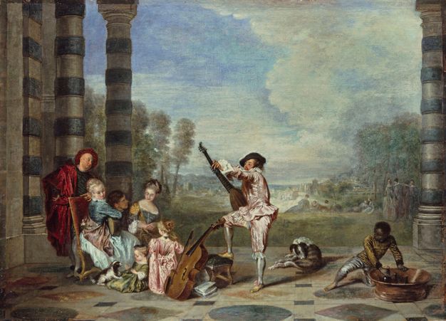 Painting set in a palatial terrace. A group of adults and children gather to the left of the image. Among them is a girl playing with a small dog, a seated woman playing a guitar, and a standing man. A Black boy is shown to the right of the scene by himself grabbing a bottle out of a metal tub. A standing man tuning a large lute and a large dog are represented in the center. The background is filled with a park landscape with strolling figures.