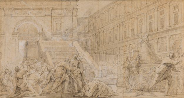 Preparatory drawing of a group of people at the bottom of the temple steps. The busyness of the scene, the drapery worn by the figures, and the numerous pencil traces makes it difficult to make out specific individuals and actions.
