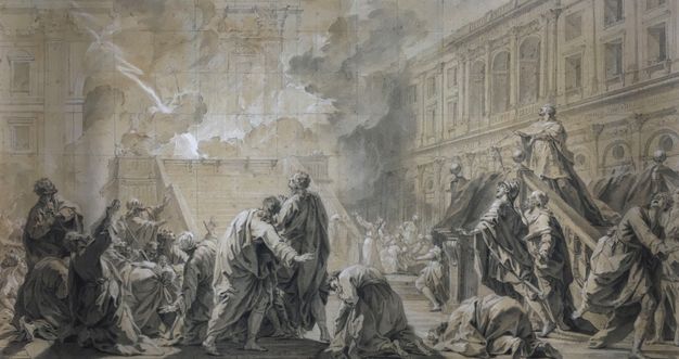 Finished drawing of the scene featured in Figure 46. Elaborately draped figures are shown in a courtyard, looking toward the set of steps in front of them. Rays of light are shown breaking through the clouds above the steps. Some of the figures are represented in act of reverence, bowing and kneeling toward the light and the steps.