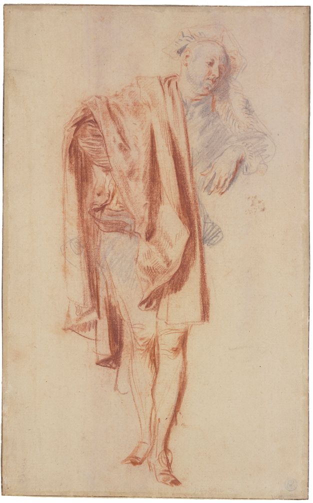 Unfinished drawing of a standing man. The left half of his body is barely sketched out in black chalk. This half includes the hat worn by the man toward the back of his head, his face, and his arm leaning on a yet undrawn structure. The right side of the man’s body is finished in red chalk. It shows a heavily draped cloak hanging over the man’s right shoulder, and his legs with his left foot standing in front of his right.
