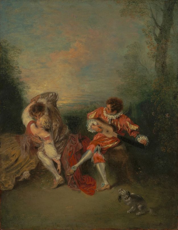 Painting showing a man and a woman embracing above a rock outcrop. A man wearing a rose jacket, knee-britches and lace ruff and cuffs sits to their left on the same rock. The man is shown tuning his guitar while looking toward the couple that seems oblivious to his presence. A small dog on the lower right observes the group. The scene is set in a park filled with greenery, and the sun can be setting in the back creating orange and pink clouds.