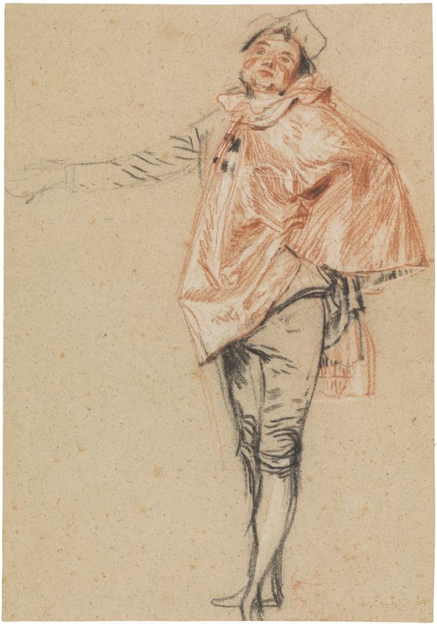 Preparatory drawing of a man in a cape. The man’s hat, his extended right arm, and his legs are sketched in black chalk. Contrarily, the man’s face and cape are drawn and shaded in red chalk and include highlights in white. The cape covers the man’s upper body and his left hand which seems to rest at his hip, creating additional volume.