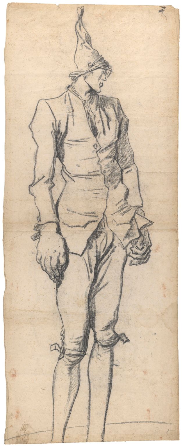 Drawing of a standing man. He is portrayed looking to the side, showing his profile. One of the arms of his glasses can be seen in full. It ends in a circular appendage.