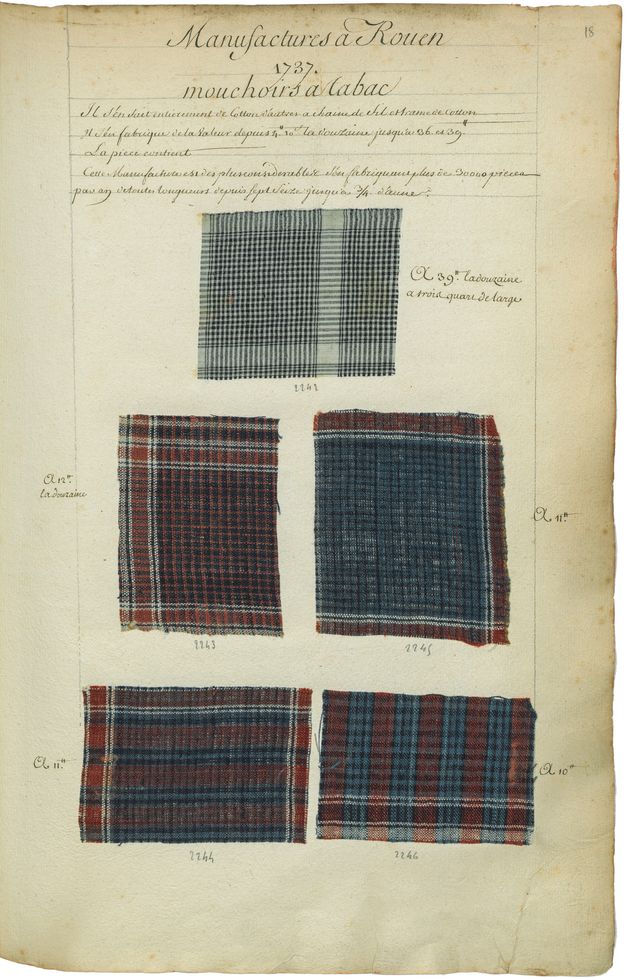 Cream-colored folio with square pieces of fabric attached to it. There is text in French written in black ink at the top of the page. Each piece of fabric has been assigned a number that appears underneath it. There are short annotations to the sides of the fabric.