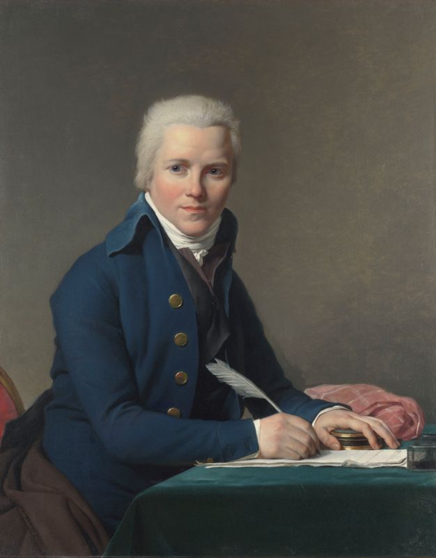 Portrait of a man with a deep blue coat sitting a table. He leans forward as he writes on a folio using a quill pen that he holds with his right hand. His left hand rests on top of a box. To the left of his body, there is a large, pinkish red handkerchief.
