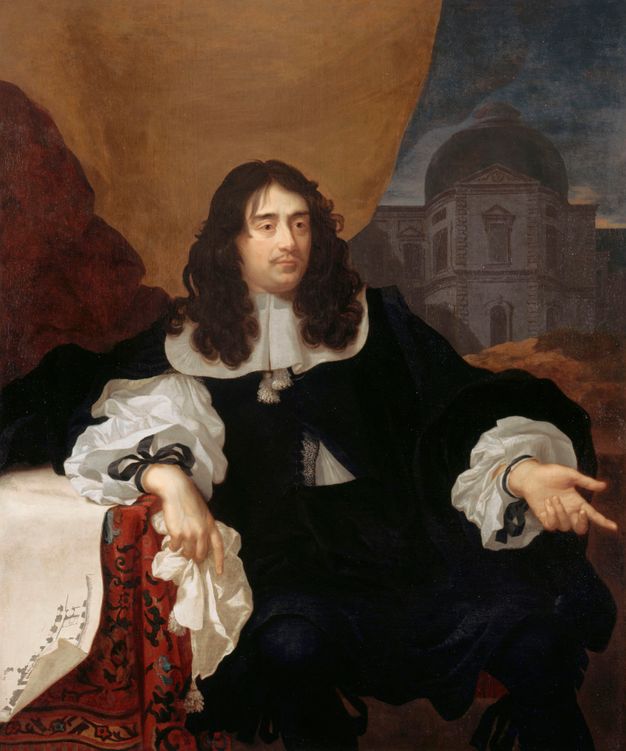 Portrait of a man wearing a white shirt with ruffles underneath a black coat. He appears to be sitting on a chair covered with a richly decorated fabric. He holds a bright white handkerchief with tassels on his right hand.