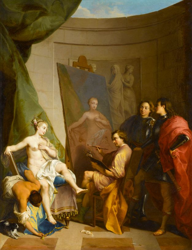 PPainting depicting an artist in front of a large canvas in which he is painting a portrait of the seminude woman who sits in front of him. An individual appears to her right, bending down and arranging the blue cushion on which the seminude woman rests her left foot. Two men wearing armor stand behind the painter. A brush and a white cloth with yellow stains can be seen on the ground.