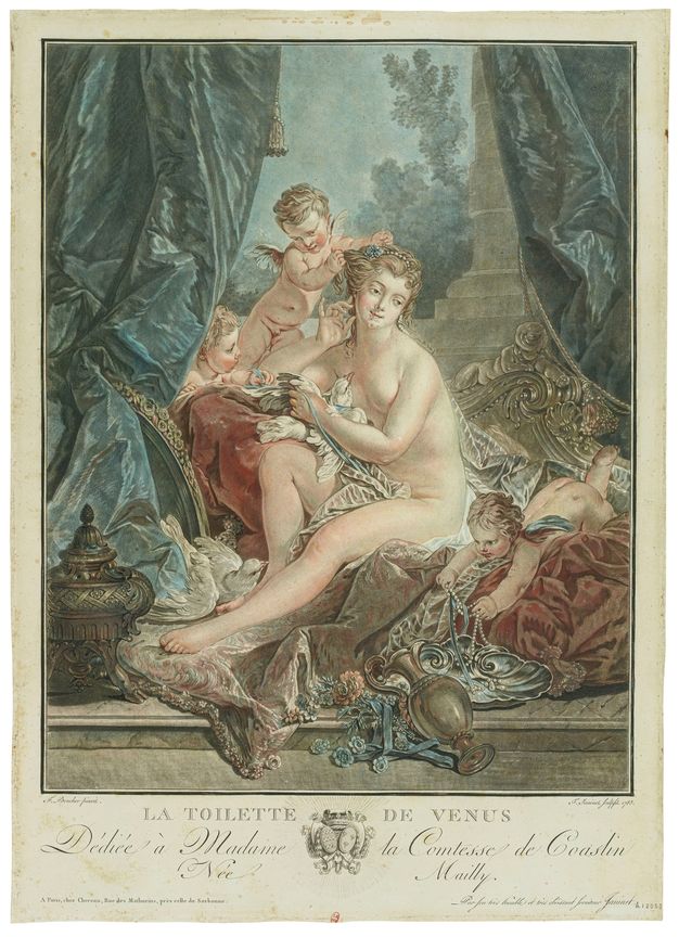 Print showing a nude woman adorning herself with the help of three putti who arrange her hair, hand her a ribbon, and pick jewelry. The group is shown on a love seat covered with rich drapery. They are framed by blue curtains that are drawn to reveal a green landscape in the background.