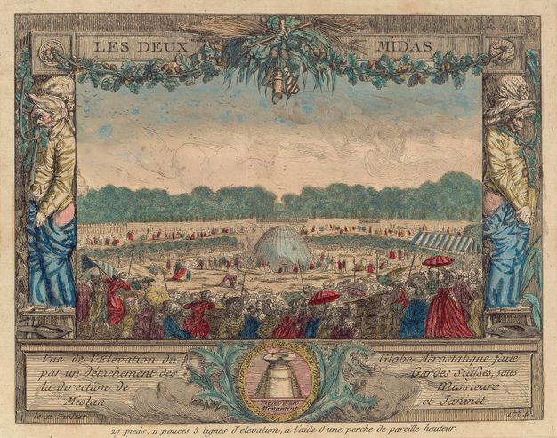 Print showing two men to the right and left most edges of the image. Both have ass ears and the one on the left also has the face of a cat. They hold recorders in their mouths while looking down. Their pants are partially pulled down exposing their buttocks. They stand on top of stools, in front of which there are hats filled with coins. A skein running at the top features in the center a whistle and a pipe pan. A medal is depicted at the bottom surrounded by text in French. The scene between the two individuals depicts a crowd of people gathered in a circle around a hot-air balloon that sits on the ground.