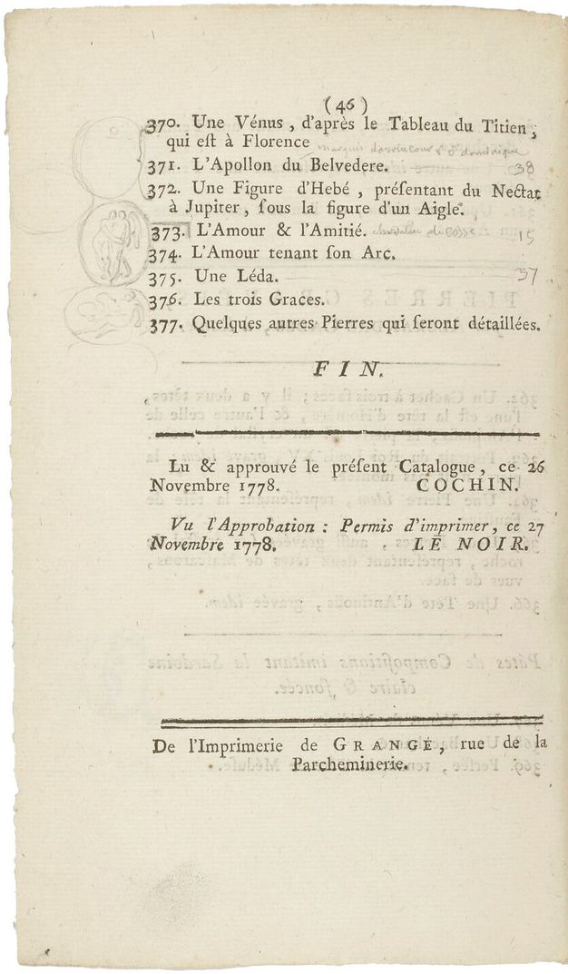 Page of a printed publication featuring text in French and sketches in pencil on the left margin.
