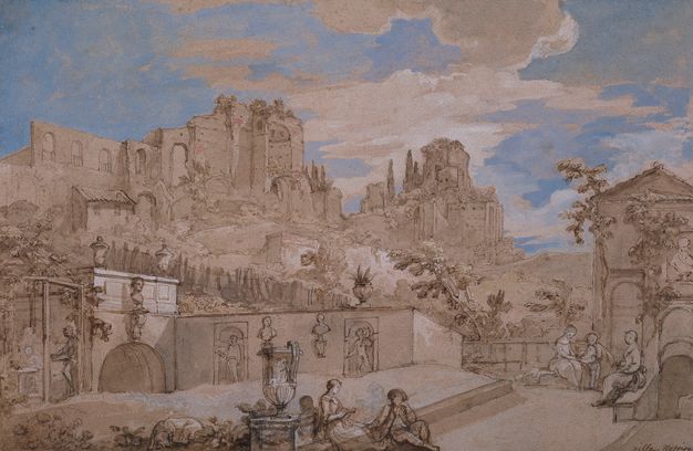 Landscape drawing depicting ruined buildings on top of a hill. The structures in the foreground are shown in good state and decorated with sculptures in an ancient Roman style.  A few figures appear seated on benches and on steps. The sky is painted blue, but the rest of the drawing remains without color.
