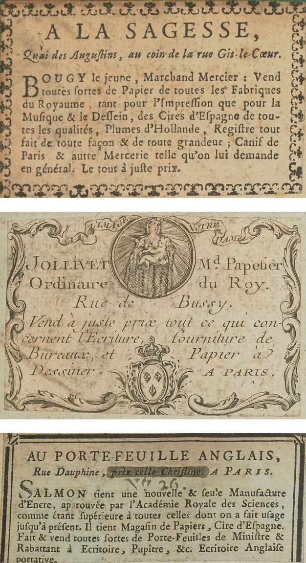 Three rectangular pieces of paper arranged on a column, one on top of the other. They feature decorated edges and text printed in French. The central piece of paper also shows a medal with a person holding an infant at the top and a coat of arms at the bottom.