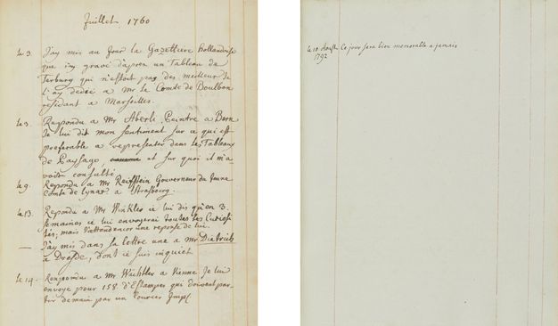Two pages shown side by side with handwriting arranged in various entries. The page on the left is filled while the one on the right only has two lines of writing.
