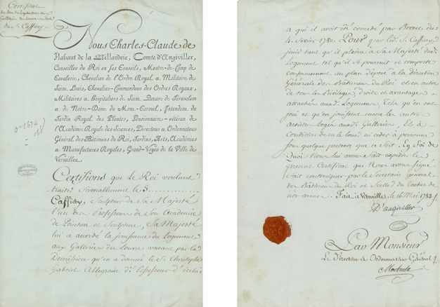 Two pages shown side by side featuring a combination of printed and handwritten text in French. The page on left also includes a number written in pencil and a circular stamp on the left margin. The page on the right includes a signature at the bottom as well as red wax seal.