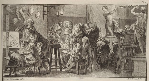 Engraved plate showing people sitting on chairs and grouped around three sculptures which they appear to be copying on their sketchbooks. A few individuals are standing and either giving indications to those who are sitting or drawing on easels. An oil lamp can be seen mounted to the wall on the left of the scene.