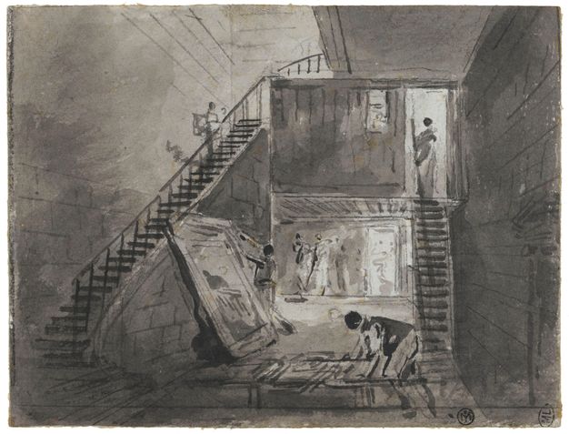 Drawing of a foyer. A person is shown on the stairs to the left of the scene. In the center, an individual manipulates a large canvas that leans against the stairs while another bends down to handle items on a table. A figure can be seen on the threshold of a mezzanine space.