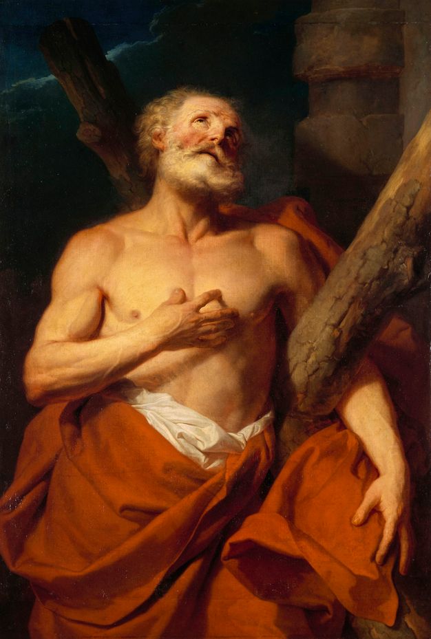 Portrait of an older man with white hair and a white beard. He looks up and brings his right hand to his uncovered chest. His lower body is covered with a white sheet and a bright red fabric. His left arm appears to be wrapped around a wooden cross.