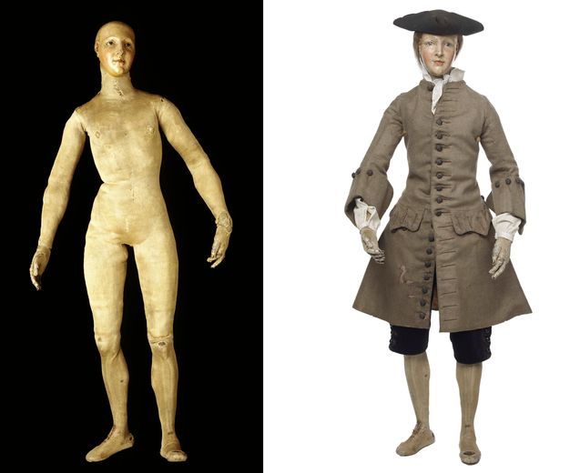 Two photographs of the same mannequin side by side. The image on the left shows the mannequin undressed featuring a carved head without hair, a cushioned body, upper arms, and upper legs covered with silk stockinette, and carved hands, lower legs, and feet. The image on the right shows the mannequin dressed. It wears a black hat under which a wig can be seen, a white shirt with ruffles down the front, a grey coat, and knee-length black breeches.