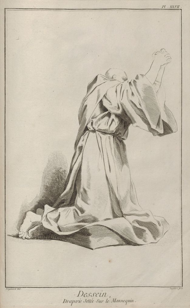 Plate depicting a human figure kneeling down and grasping its hands together above and in front of the head. The figure is covered with a long robe. The text in French at the bottom of the image indicates that the figure is a mannequin.