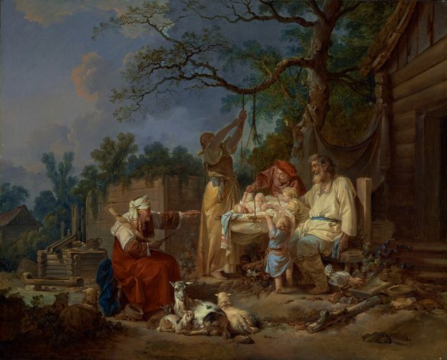 Painting set in the countryside. Three adults and two young children gather around a baby in a cradle suspended from the branches of a tree. A woman pulls down from the rope from which the cradle hangs as if attempting to raise it. An older woman sits to the left of the group pointing towards them. Three goats are depicted on the foreground.