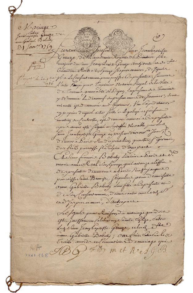 Front page of a set of documents fastened together. It features text in French handwritten in blank ink and two black stamps at the top. There is a numerical annotation in blue on the left bottom corner.