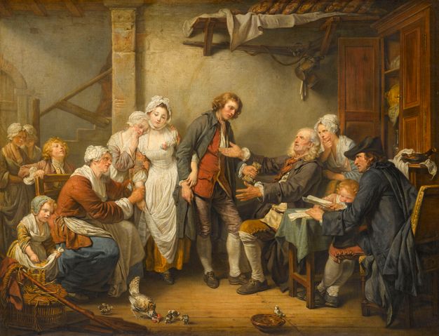 Painting of a scene inside a house. A man and a woman stand in the center, their arms entwined. The man turns toward the right where a seated man extends his arms towards him as if to embrace him. The standing woman, dressed in white, is embraced by a younger woman who stands to her left. A seated woman caresses her arm. Additional adults and children frame the scene to the right and left.