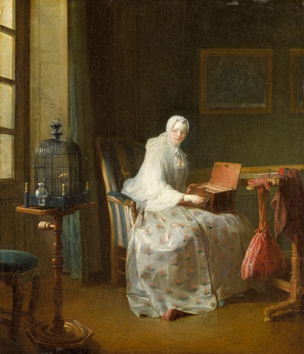 Painting of a seated woman playing a mechanical barrel organ that she holds in her lap. She looks toward her right, where there is a birdcage in front of a window and atop a stand. A yellow bird can be seen inside the cage.