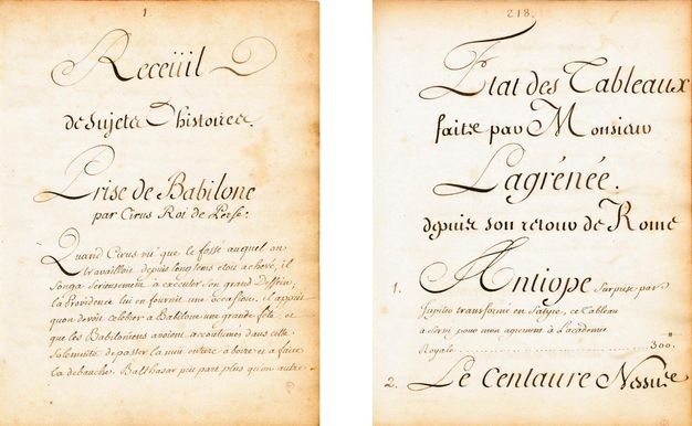 Two cream-colored pages placed side by side and featuring text written in French using black ink.