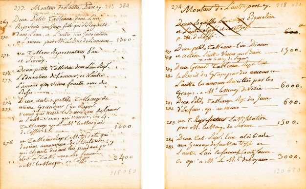 Two cream-colored pages placed side by side and featuring text written in French using black ink. They feature the same kind of information and arrangement as those of the pages included in Figure 119, but in a less organized manner. The writing is not as stylized and there are corrections.