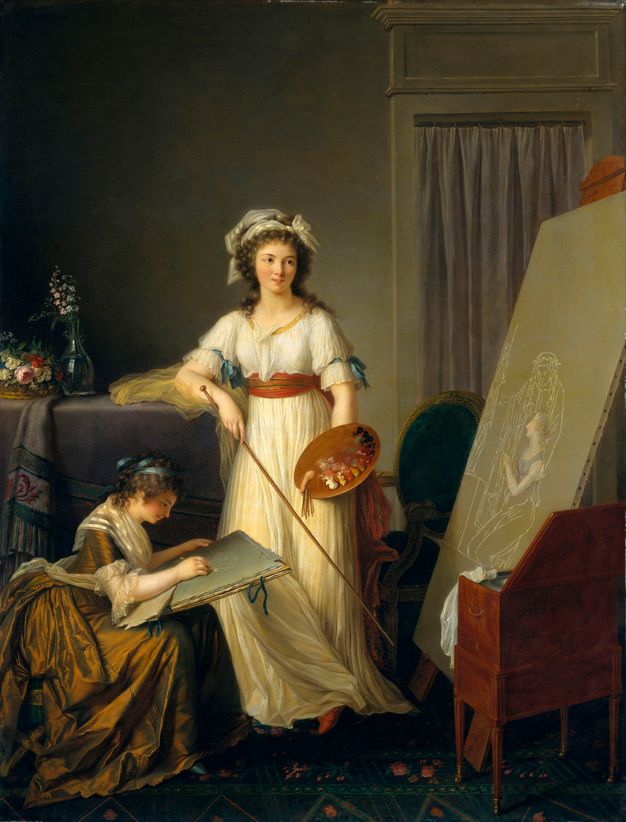 Painting showing two artists at work. A woman in a white dress stands in the center of the scene, holding a charged palette in her left hand and a long pointer in her right. To her right, there is an easel with a large canvas featuring an in-progress painting and an open color box. To her left, there is a second woman who sits in front of the easel and appears to be copying the scene on the canvas.
