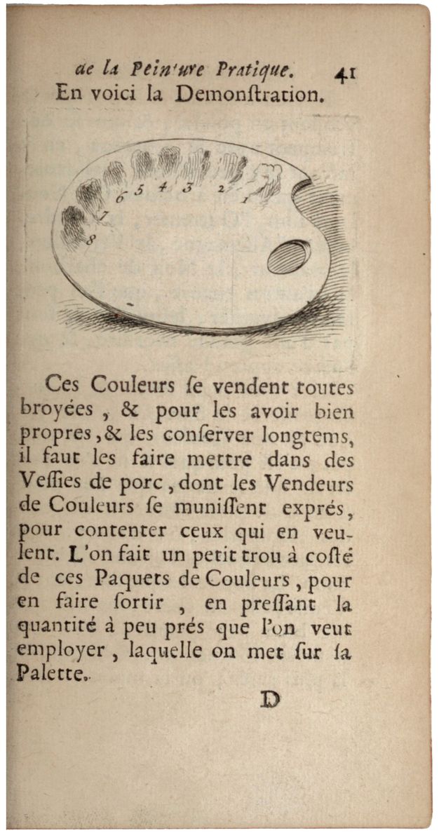 Page of a printed publication featuring text in French and a depiction of a palette charged with colors at the top, numbered one to eight from right to left.