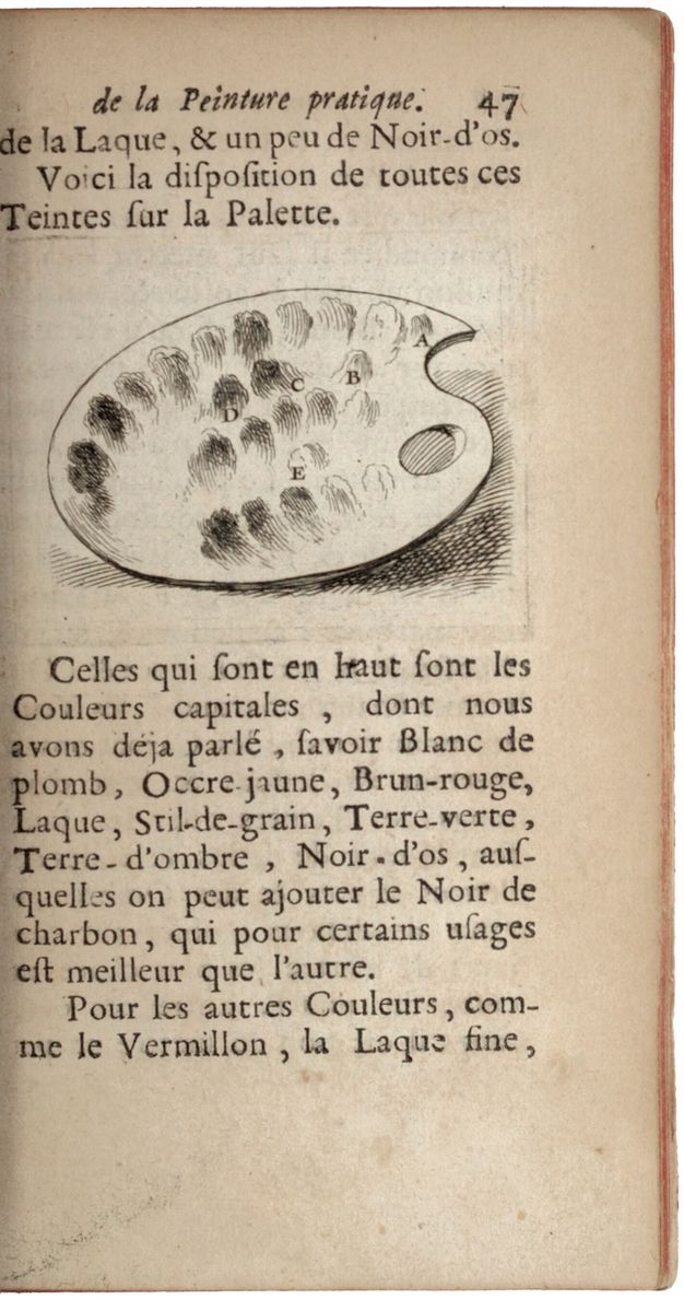 Page of a printed publication featuring text in French and a depiction of a palette charged with four rows of color. Five of the paint globules are identified with the letters A through E.