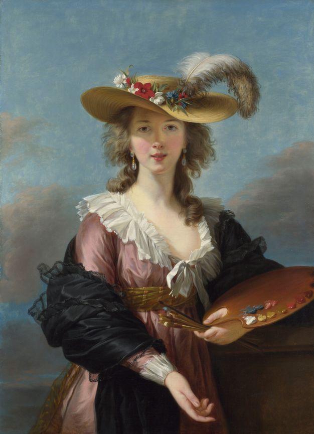 Portrait of a woman set outdoors. She is shown wearing a straw hat adorned with flowers and a feather, a set of pearl earrings, a low-cut dress, and a black shawl.  She is depicted holding a palette charged with bright colors and several brushes in her left hand.