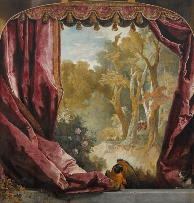 Trompe l’oeil painting depicting a set of deep red curtains, which are drawn to reveal a pastoral scene behind. Among the abundant greenery, there are two figures, one stands, and the other sits while playing a wind instrument. In the foreground, before the drawn curtains, there are a pair of blue-and-yellow macaws in the center and a cat to the right.